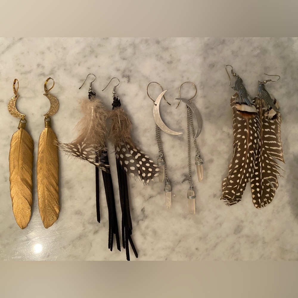 Bundle of long, boho feather and crystal earrings